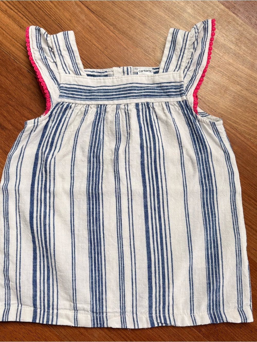 Carter's Navy/ White Striped Top with Pink Edge, Linen